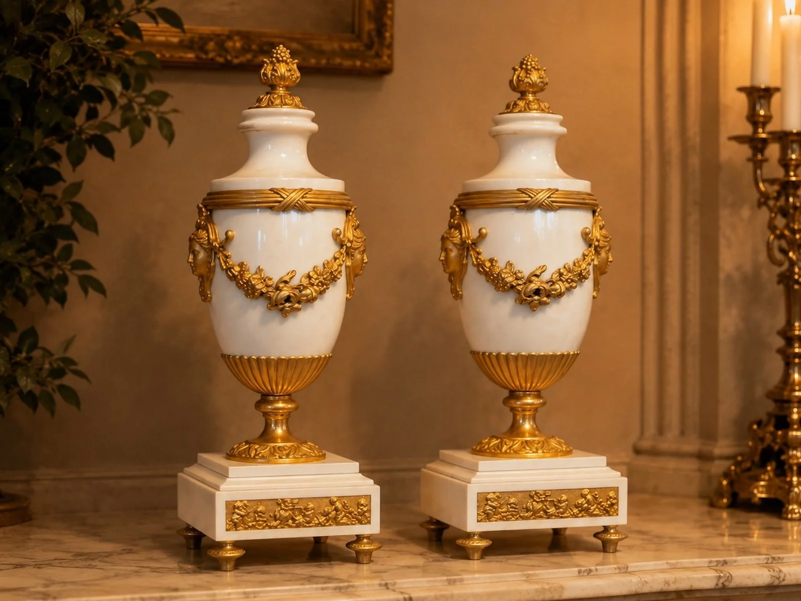 Antique Louis XVI Marble Ormolu Clock Set w/ Candelabras — OSMAN